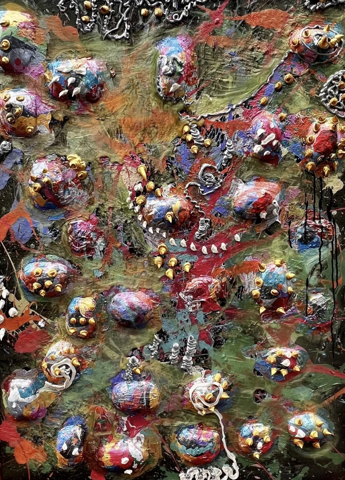 Colorful mixed-media artwork by Max Dalglish with sculptural organic forms