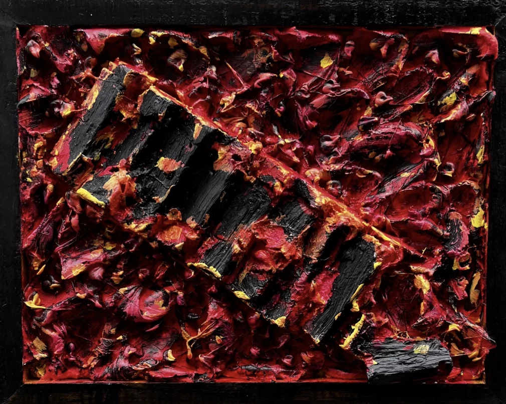 Red and black mixed-media relief by Max Dalglish